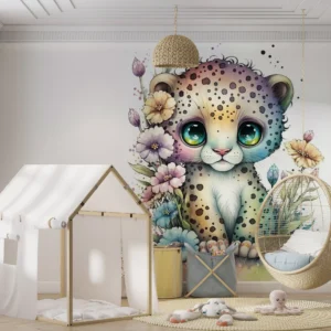 Papier Peint Léopard Kawaii Aquarelle Fleurs Multicolores Enfant