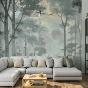 Papier Peint Forêt Mystique Brume Matinale Oiseaux Voltigeant