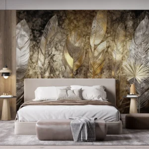 Papier Peint Plumes Dorées et Argentées sur Fond Texturé Vintage