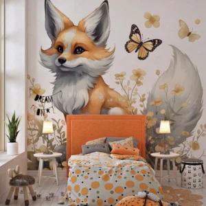 Papier Peint Renard Fantastique aux Fleurs Dorées et Papillons Magiques
