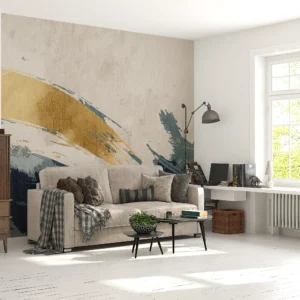 Papier peint aquarelle abstraite vagues dorées et bleues