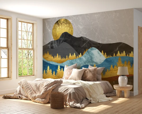 Papier Peint Floral Moderne Art Déco Bleu Moutarde – Gallery