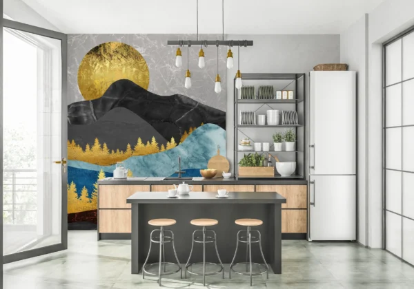 Papier Peint Floral Moderne Art Déco Bleu Moutarde – Gallery