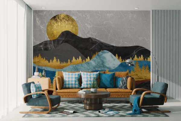 Papier Peint Floral Moderne Art Déco Bleu Moutarde – Gallery