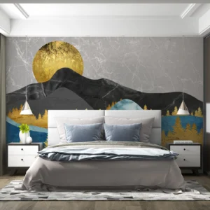 Papier Peint Paysage Montagneux Doré Bleu Style Japonais Moderne