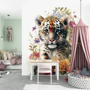 Papier Peint Tigre Aquarelle avec Couronne Florale Colorée