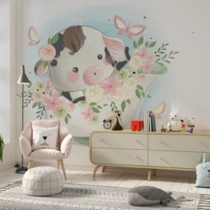 Papier peint enfant vache adorable dans baignoire fleurie pastel