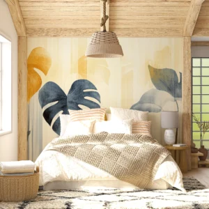 Papier peint moderne feuilles tropicales bleu doré élégant