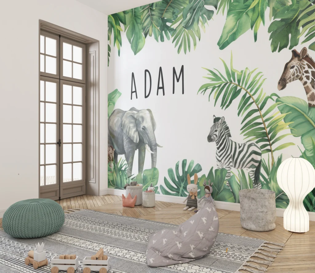 Papier Peint Jungle Enfantin aux Animaux Stylisés - Main - AURAMUR Papier Peint Jungle Enfantin aux Animaux Stylisés – Main