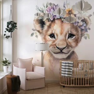 Papier peint aquarelle lionceau adorable couronne fleurs pastel enfant