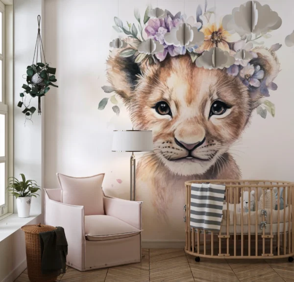 Papier Peint Lionne Stylisée Enfantin Pastel – Main