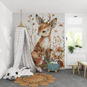 Papier peint aquarelle famille de cerfs dans jardin botanique