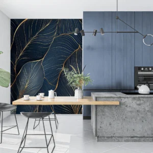 Papier Peint Feuillage Tropical Élégant Bleu Marine et Or