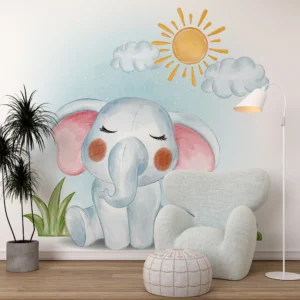 Papier Peint Enfant Éléphant Mignon Aquarelle Ciel Ensoleillé