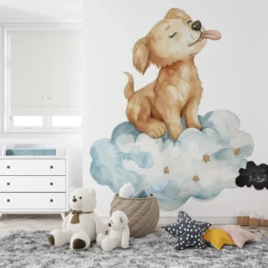 Papier Peint Chiot Adorable sur Nuages Étoilés Aquarelle Enfant