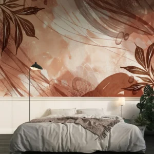 Papier peint tropical bohème aux tons terracotta et feuillages dorés