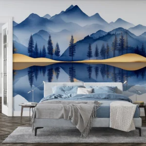 Papier peint panoramique montagne bleue reflet doré nature zen