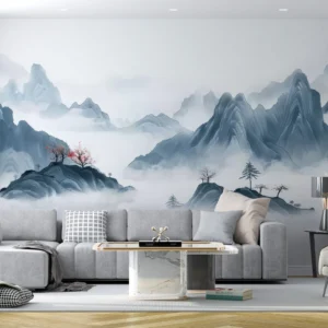 Paysage Montagneux Asiatique avec Brumes et Cerisier en Fleurs