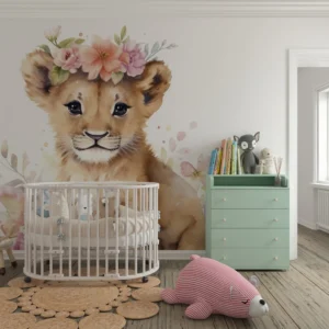 Papier Peint Lionceau Adorable Couronne de Fleurs Aquarelle Pastel