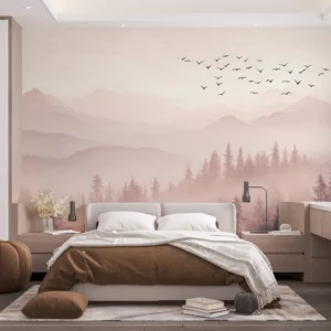 Papier Peint Paysage Montagneux Brumeux Tons Roses Nordique