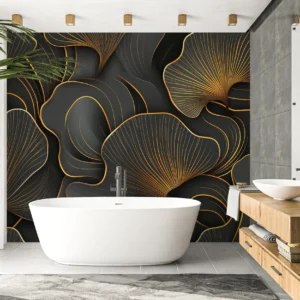 Papier Peint Art Déco Feuilles Dorées sur Fond Anthracite