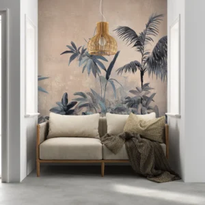 Papier peint jungle tropicale vintage aux tons beiges et bleus