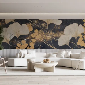 Papier peint élégant ginkgo dorés sur fond noir texturé