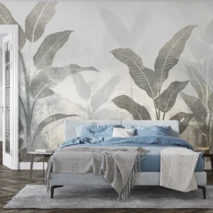 Papier peint jungle tropicale tons beiges et gris vintage