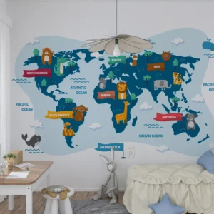 Carte du Monde Enfantine avec Animaux et Océans Colorés