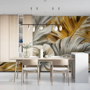 Papier peint feuilles tropicales métallisées or et argent luxueuses