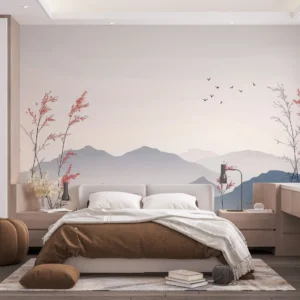 Papier Peint Paysage Montagneux avec Herbes Sauvages et Oiseaux Zen