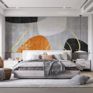 Papier peint abstrait géométrique orange noir cercles dorés moderne