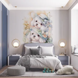 Papier Peint Chiots Maltais Aquarelle Fleurs Pastels Décoratif Enfant