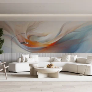 Papier peint abstrait fluide aux nuances bleues et oranges