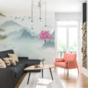 Paysage montagneux brumeux avec cerisier rose et bateau traditionnel