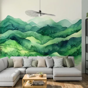 Papier Peint Montagnes Vertes Aquarelle Style Zen Nature