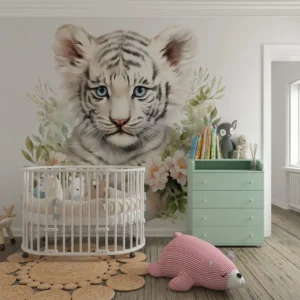 Papier Peint Tigre Blanc Bébé avec Fleurs Délicates