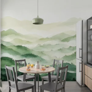 Papier peint panoramique montagnes verdoyantes brume matinale style aquarelle