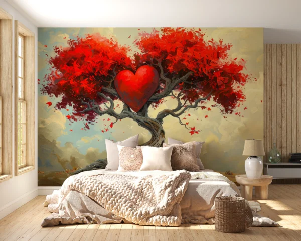 Arbre Coeur Rouge Romantique sur Paysage Désertique Artistique – Main