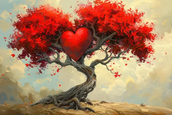 Arbre Coeur Rouge Romantique sur Paysage Désertique Artistique – Wallpaper