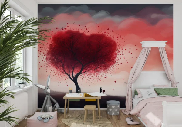 Arbre romantique aux feuilles cœur rose et rouge nuageux – Gallery