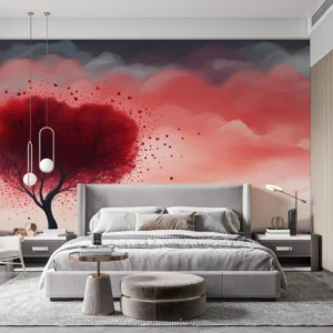 Arbre romantique aux feuilles cœur rose et rouge nuageux