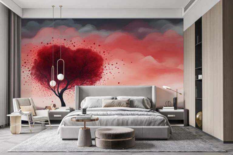 Arbre romantique aux feuilles cœur rose et rouge nuageux – Main