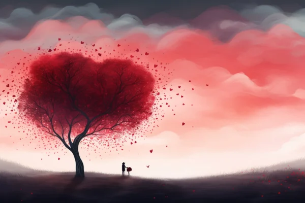 Arbre romantique aux feuilles cœur rose et rouge nuageux – Wallpaper