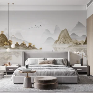 Paysage Chinois Traditionnel avec Montagnes et Lac Paisible