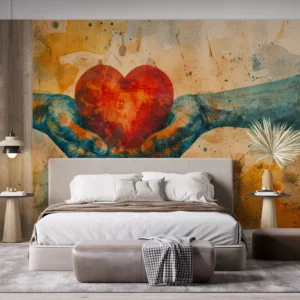Papier Peint Artistique Mains Protégeant Cœur Rouge Aquarelle