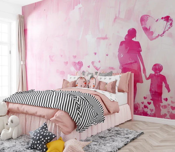 Papier peint artistique mère enfant cœurs roses tendresse familiale – Main