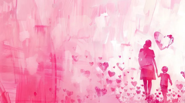 Papier peint artistique mère enfant cœurs roses tendresse familiale – Wallpaper