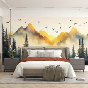 Papier Peint Paysage Montagneux Forêt de Conifères au Coucher de Soleil