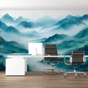 Papier Peint Montagnes Brumeuses Style Aquarelle Tons Bleus Apaisants